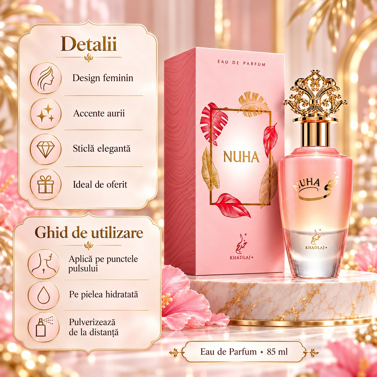 Detalii și ghid de utilizare Khadlaj Nuha parfum de damă 85 ml
