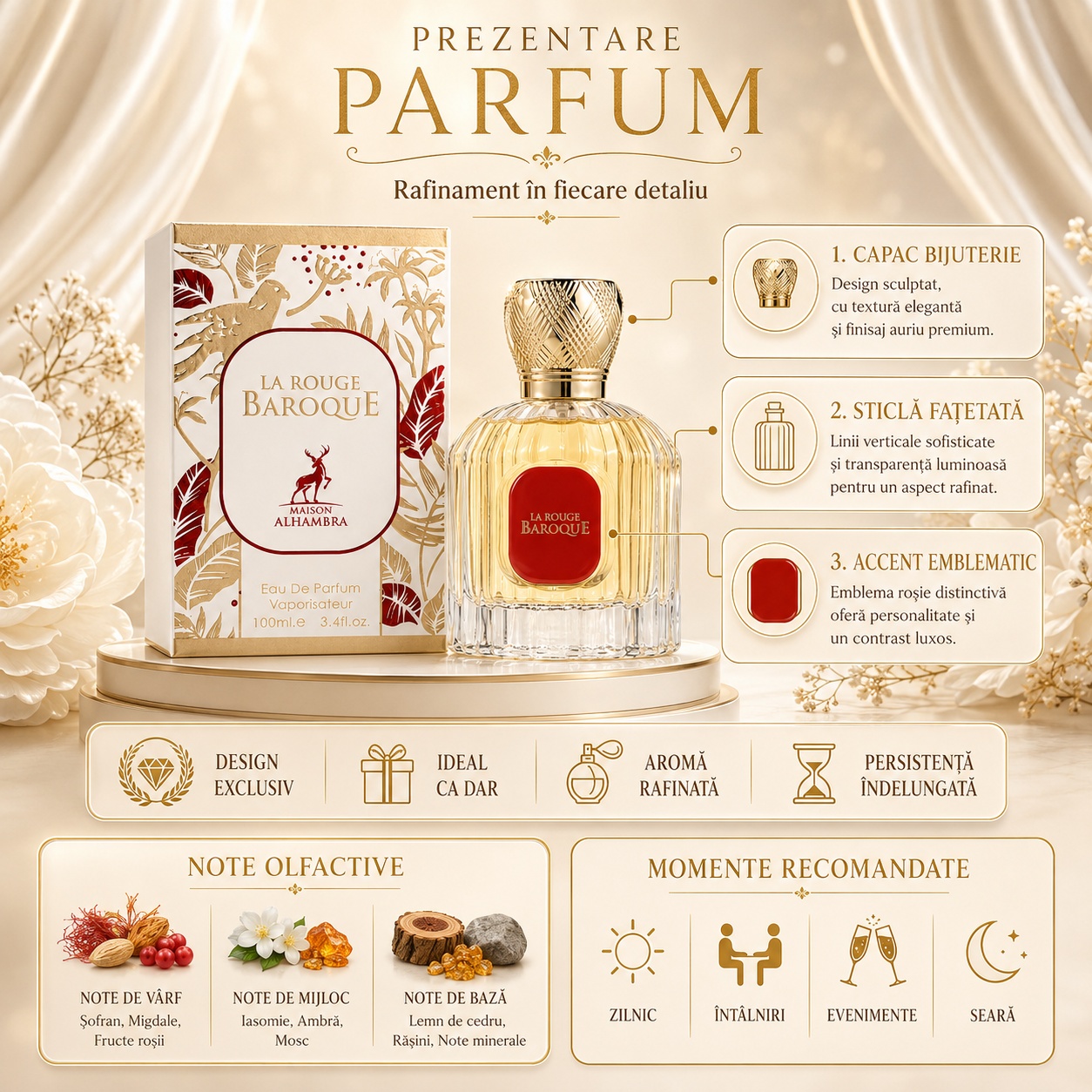 Prezentare parfum La Baroque Rouge Maison Alhambra cu detalii despre capac, sticlă, emblemă, note olfactive și momente recomandate