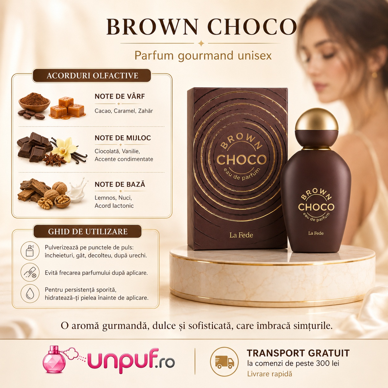Profil olfactiv La Fede Choco Brown cu note de cacao, caramel, zahăr, ciocolată, vanilie, lemnos, nuci și acord lactonic