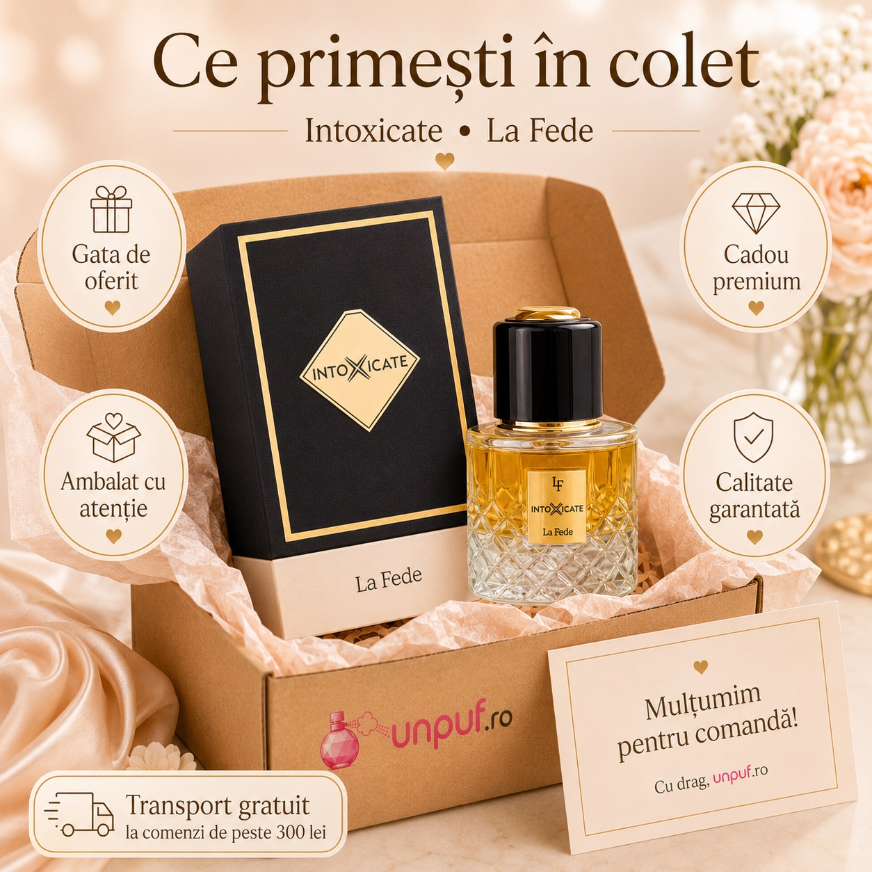 Ce primești în colet la parfumul La Fede Intoxicate, ambalaj premium UnPuf.ro și prezentare cadou