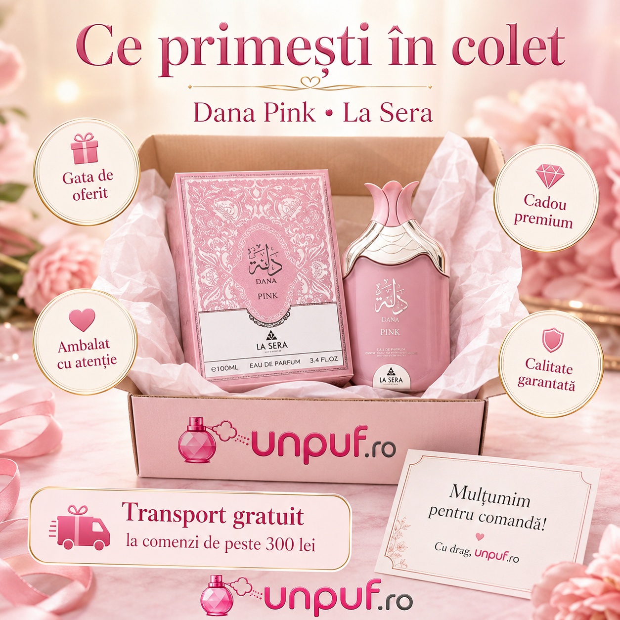 Ce primești în colet la parfumul La Sera Dana Pink, ambalaj premium UnPuf.ro