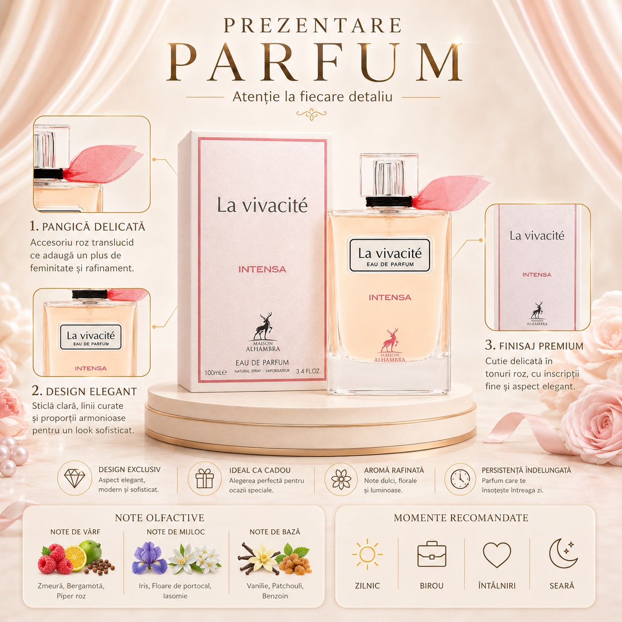 Prezentare parfum La Vivacit&eacute; Intensa Maison Alhambra cu detalii despre panglică sticlă ambalaj note olfactive și momente recomandate
