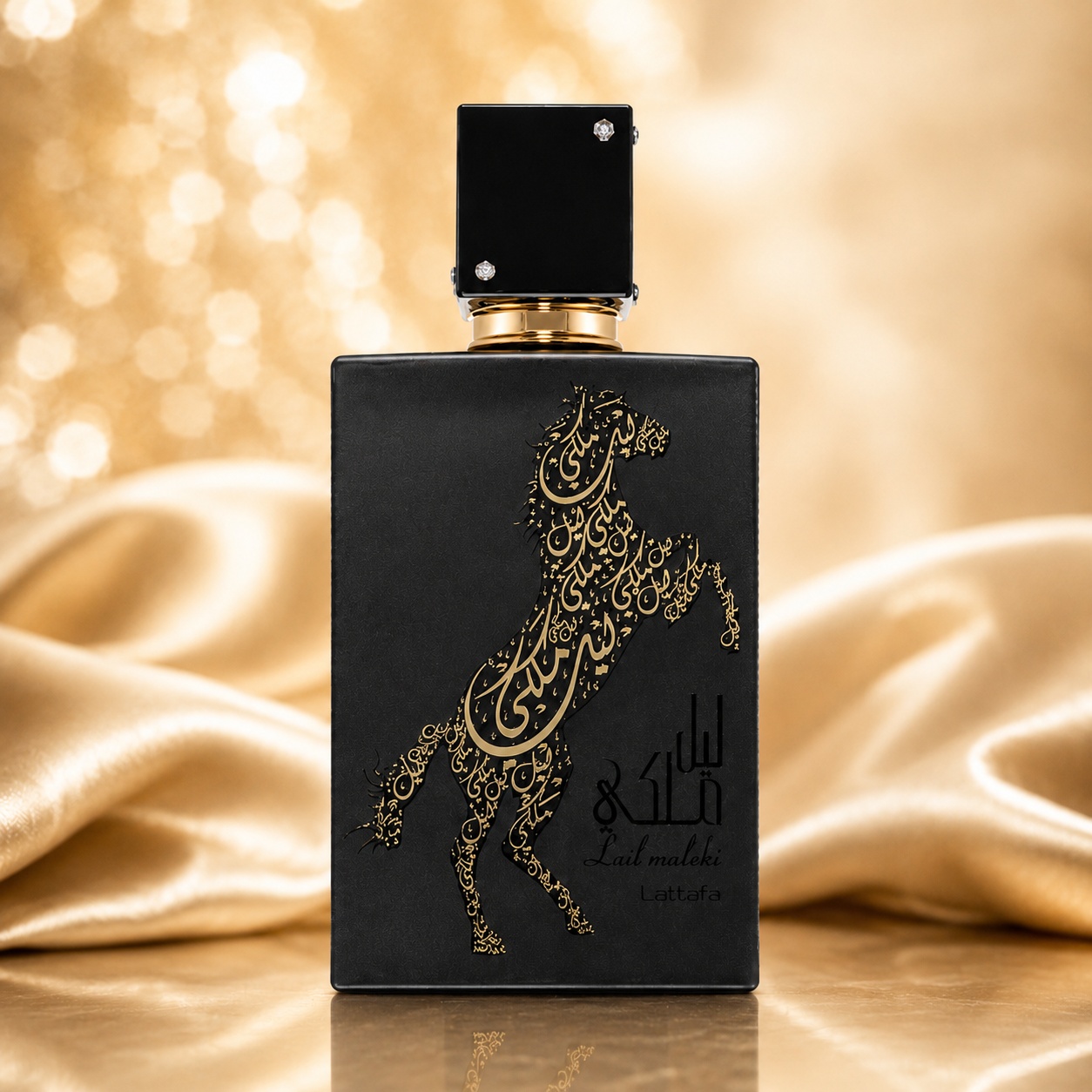 Flacon Lail Maleki Lattafa 100 ml parfum unisex negru mat cu armăsar auriu și capac elegant