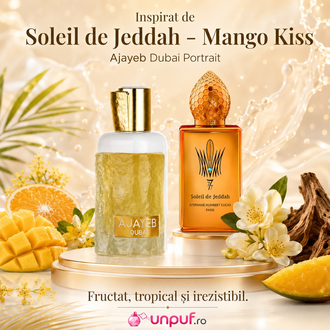 Lattafa Ajayeb Dubai Portrait inspirat de Soleil de Jeddah Mango Kiss, parfum unisex fructat tropical și irezistibil