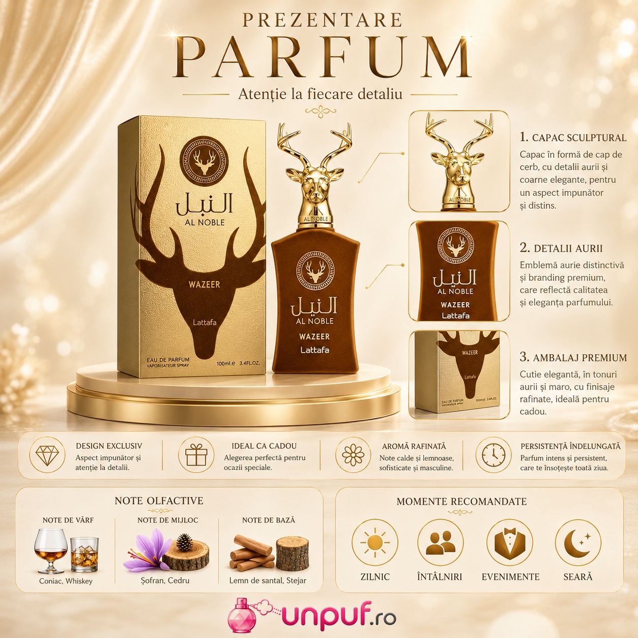 Prezentare parfum Lattafa Al Noble Wazeer cu capac sculptural, detalii aurii, ambalaj premium și note olfactive coniac whisky șofran cedru lemn de santal și stejar