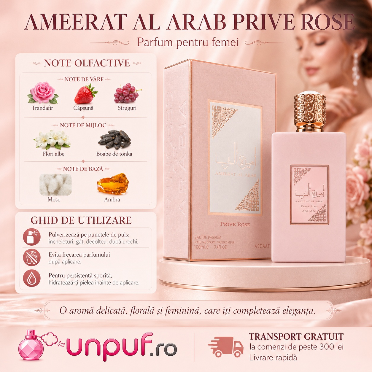 Lattafa Ameerat Prive Rose parfum pentru femei cu note olfactive trandafir căpșună struguri flori albe tonka mosc și ambră