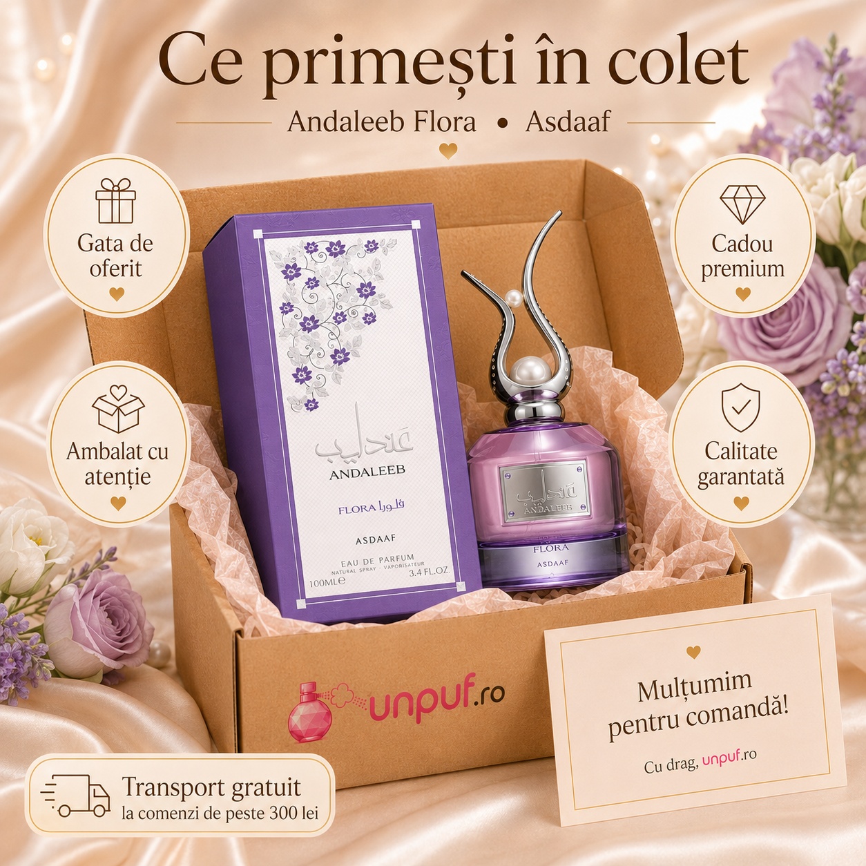 Ce primești &icirc;n colet Lattafa Andaleeb Flora 100 ml parfum damă ambalat cu atenție cadou premium
