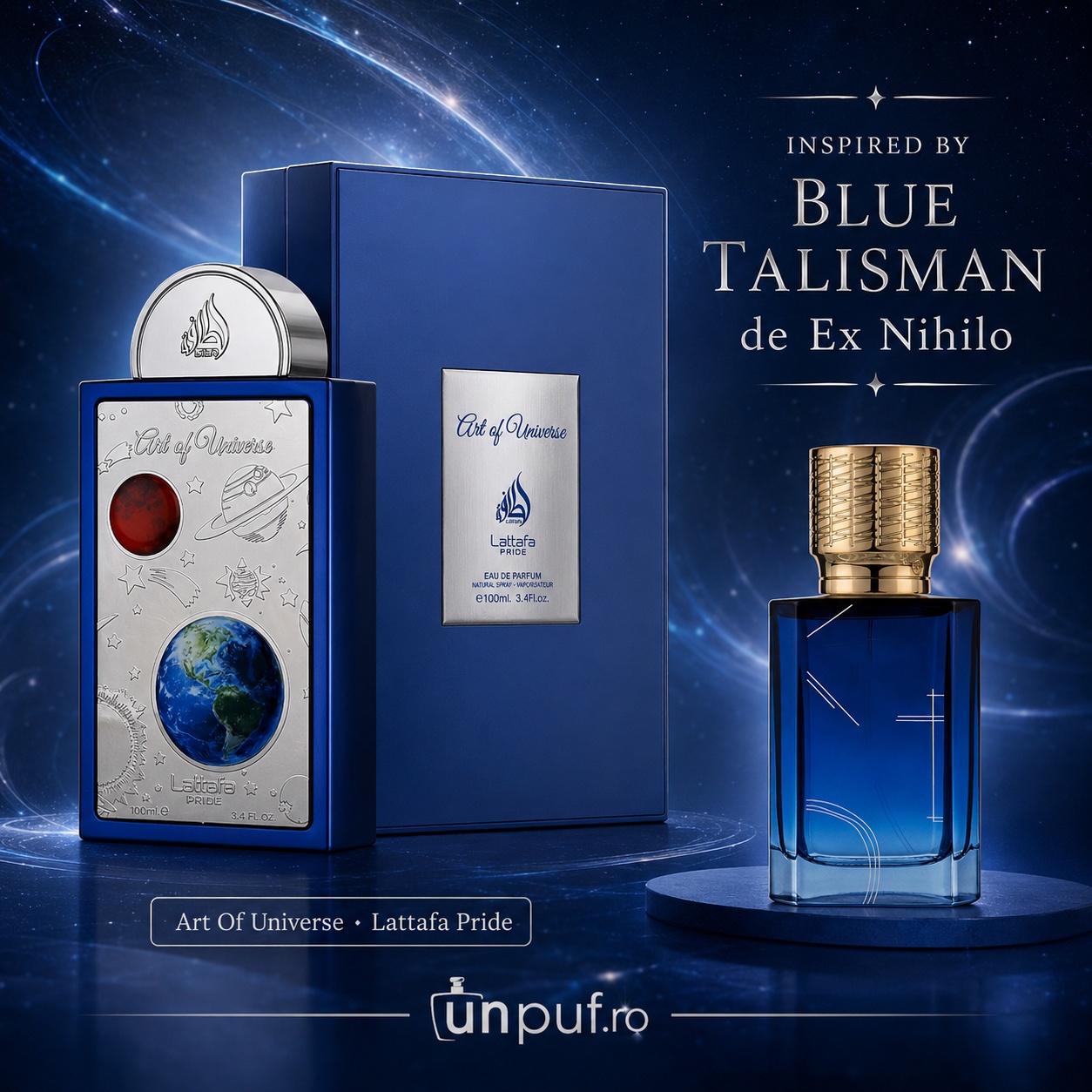 Lattafa Art Of Universe parfum inspirat din Blue Talisman de Ex Nihilo cu aromă fresh citrică și elegantă