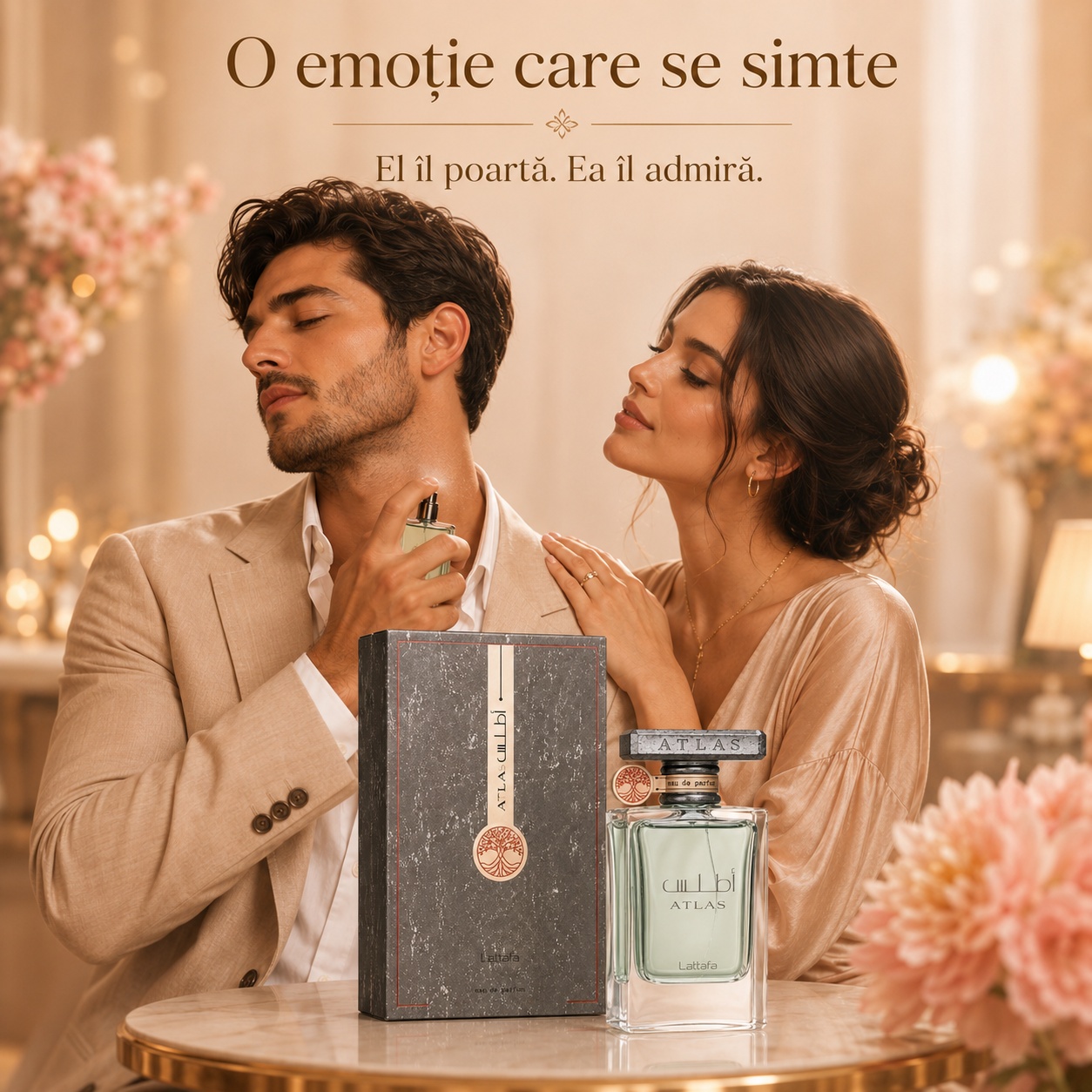 Lattafa Atlas parfum bărbătesc elegant o emoție care se simte el &icirc;l poartă ea &icirc;l admiră