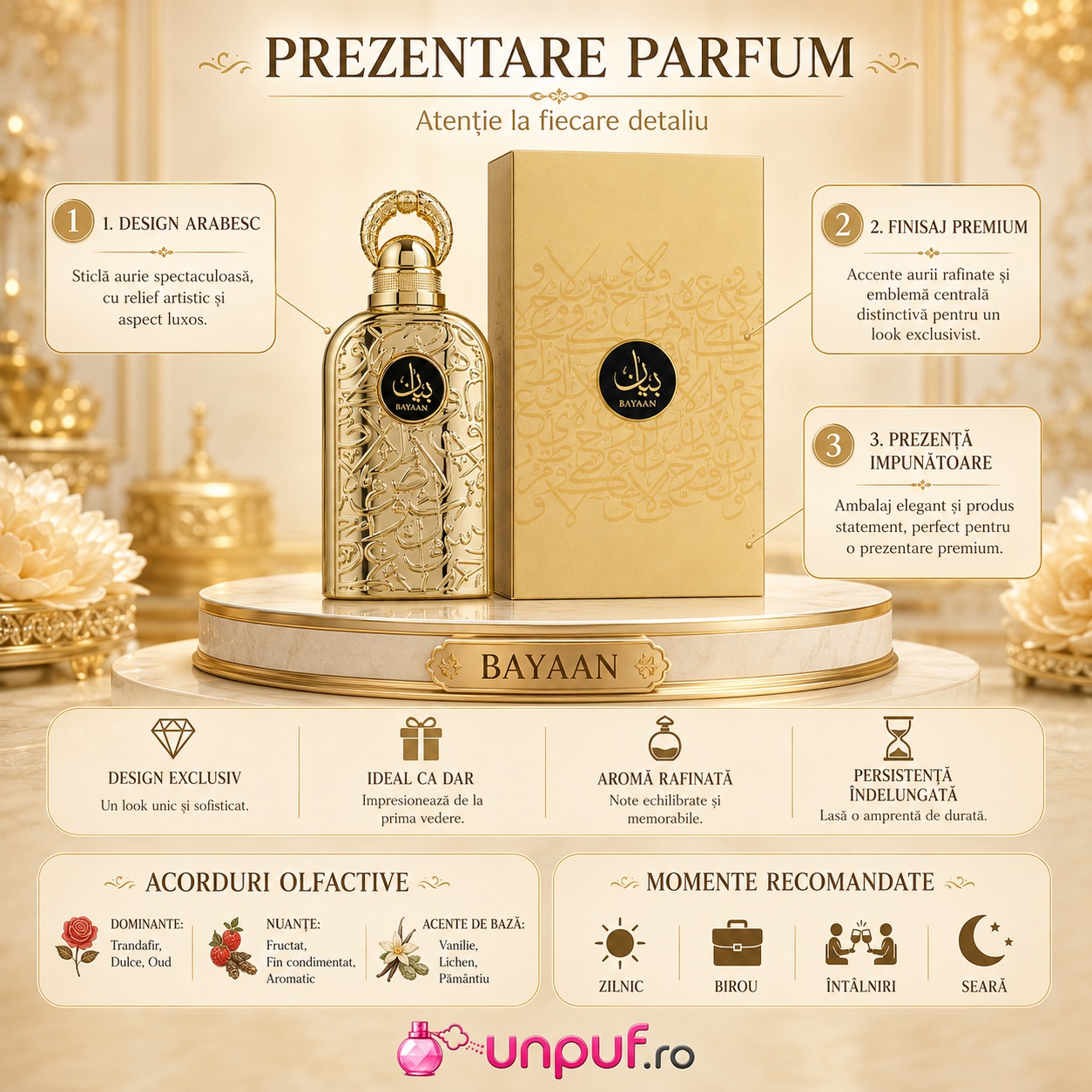 Prezentare parfum Lattafa Bayaan cu design arabesc finisaj premium aromă rafinată și persistență &icirc;ndelungată