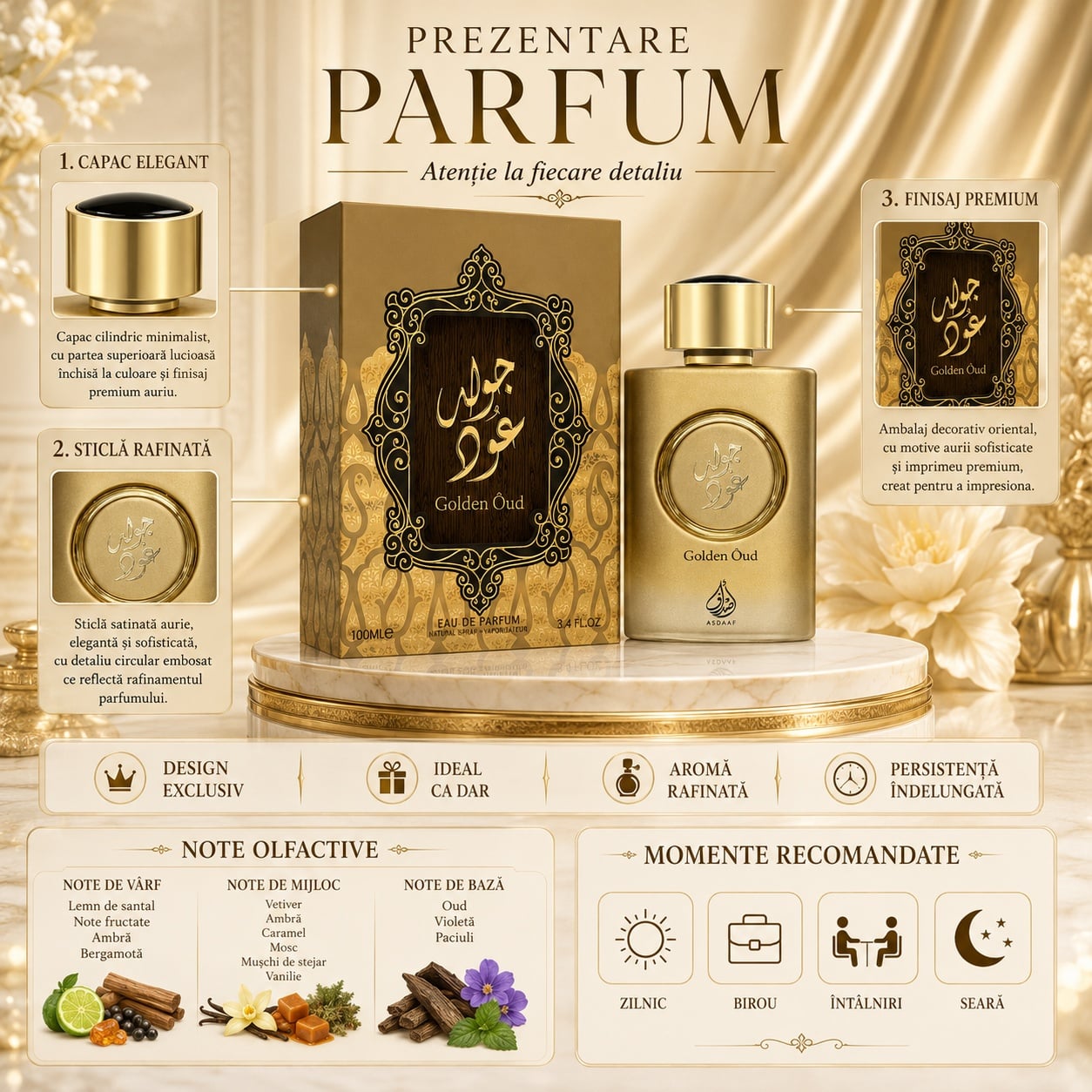 Prezentare parfum Lattafa Golden Oud cu detalii despre capac sticlă ambalaj note olfactive și momente recomandate