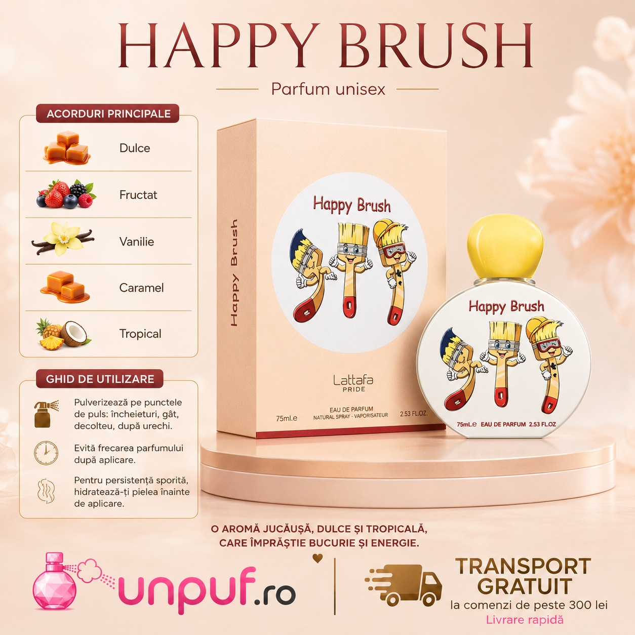 Acorduri principale și ghid de utilizare Lattafa Happy Brush 75 ml cu note dulci, fructate, vanilate, caramelizate și tropicale