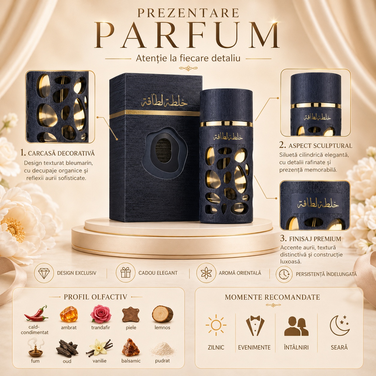 Prezentare parfum Lattafa Khalta cu detalii despre carcasă decorativă aspect sculptural finisaj premium și profil olfactiv oriental