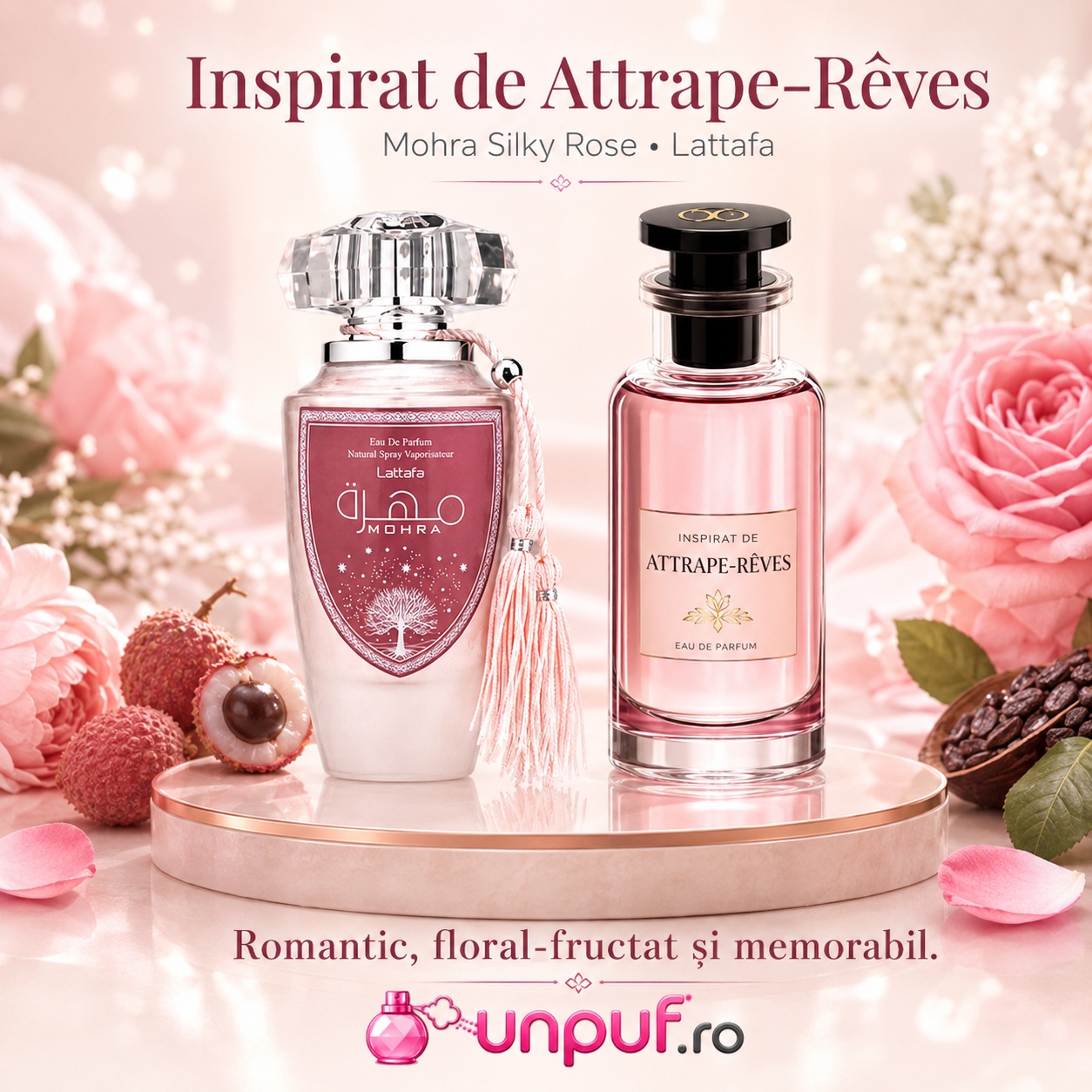 Lattafa Mohra Silky Rose parfum inspirat din Attrape-R&ecirc;ves romantic floral fructat și memorabil pentru damă