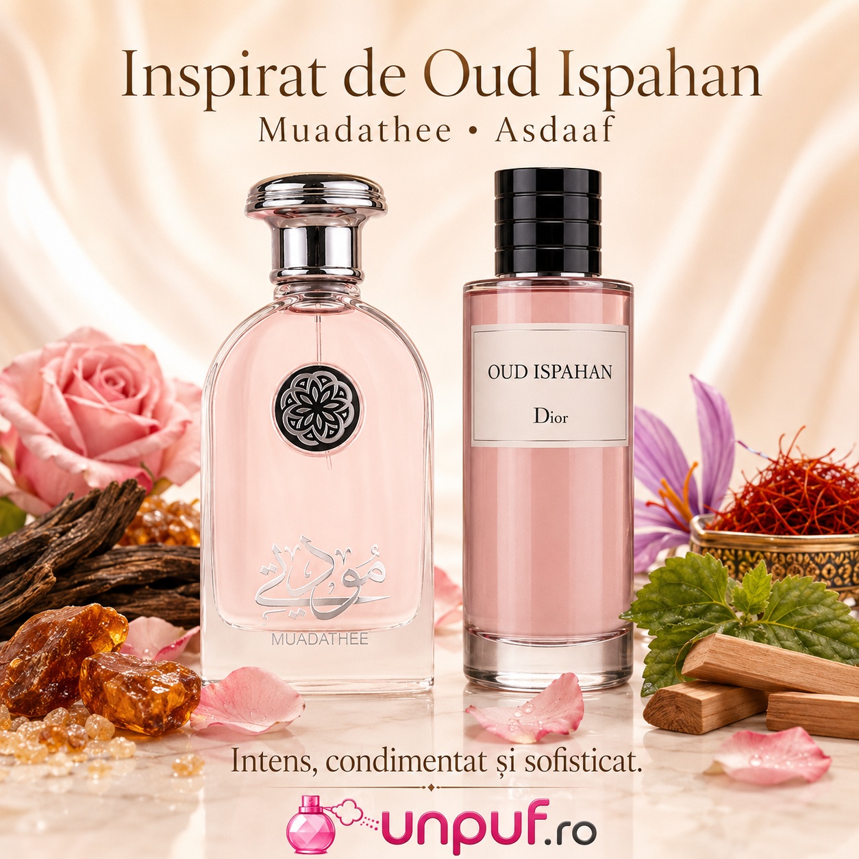 Lattafa Muadathee parfum inspirat de Oud Ispahan cu trandafir oud șofran patchouli ambră și lemn de santal