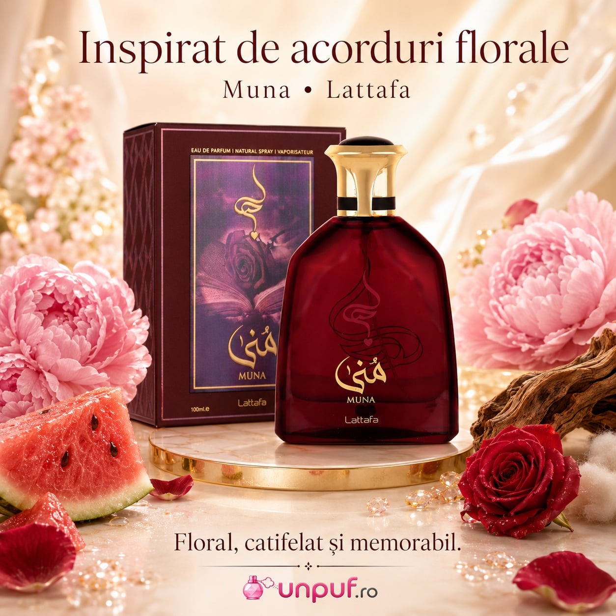 Lattafa Muna parfum inspirat de acorduri florale cu pepene verde trandafir flori roz mosc și note lemnoase