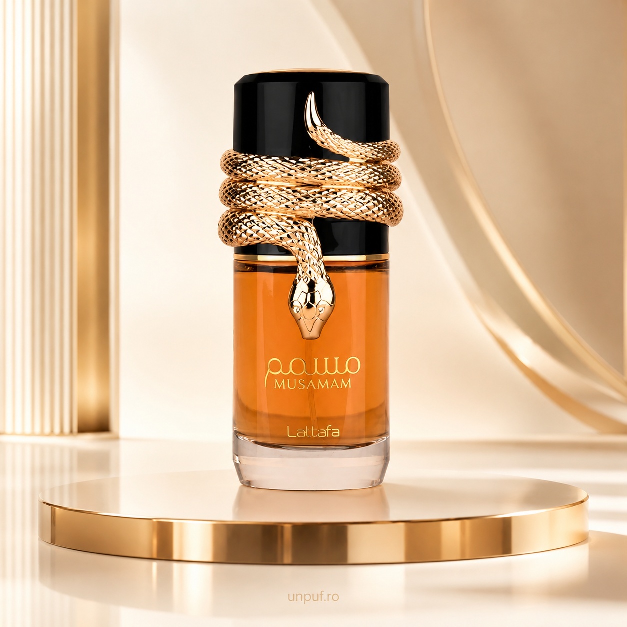 Sticlă parfum Lattafa Musamam 100 ml cu design luxos și capac decorativ auriu