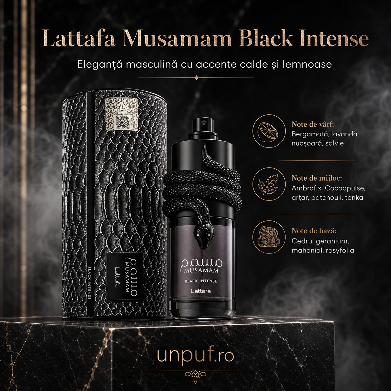 Lattafa Musamam Black Intense eleganță masculină cu note lemnoase condimentate și ambrate