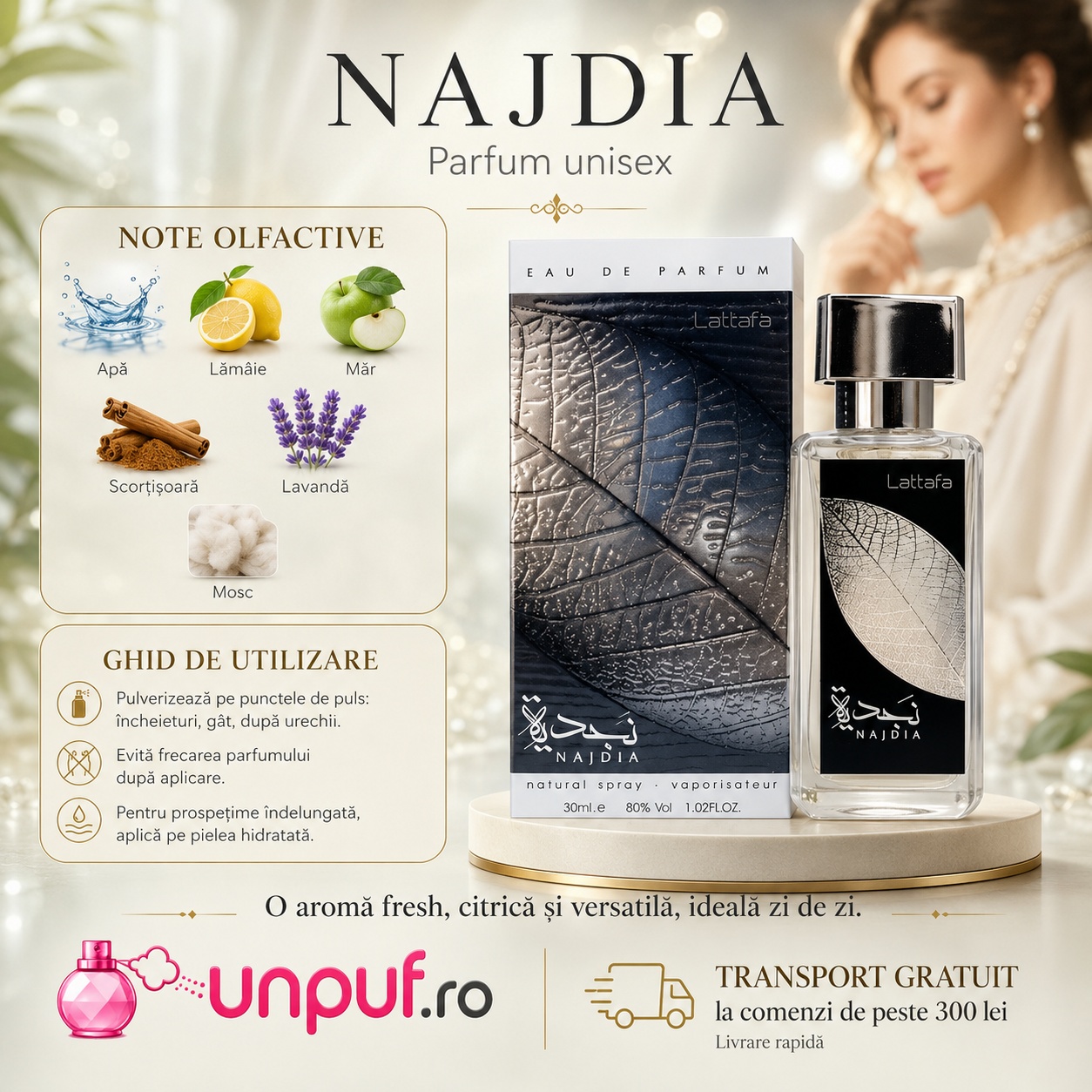 Lattafa Najdia 30 ml parfum cu note olfactive de apă, lămâie, măr, scorțișoară, lavandă și mosc, plus ghid de utilizare