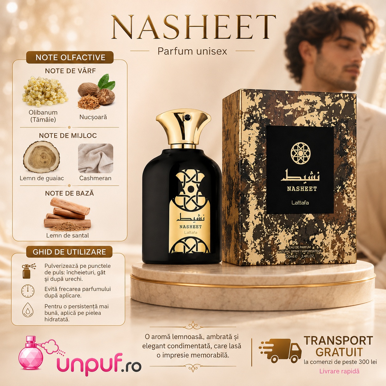 Lattafa Nasheet parfum unisex cu note olfactive de tăm&acirc;ie nucșoară lemn de guaiac cașmeran și lemn de santal