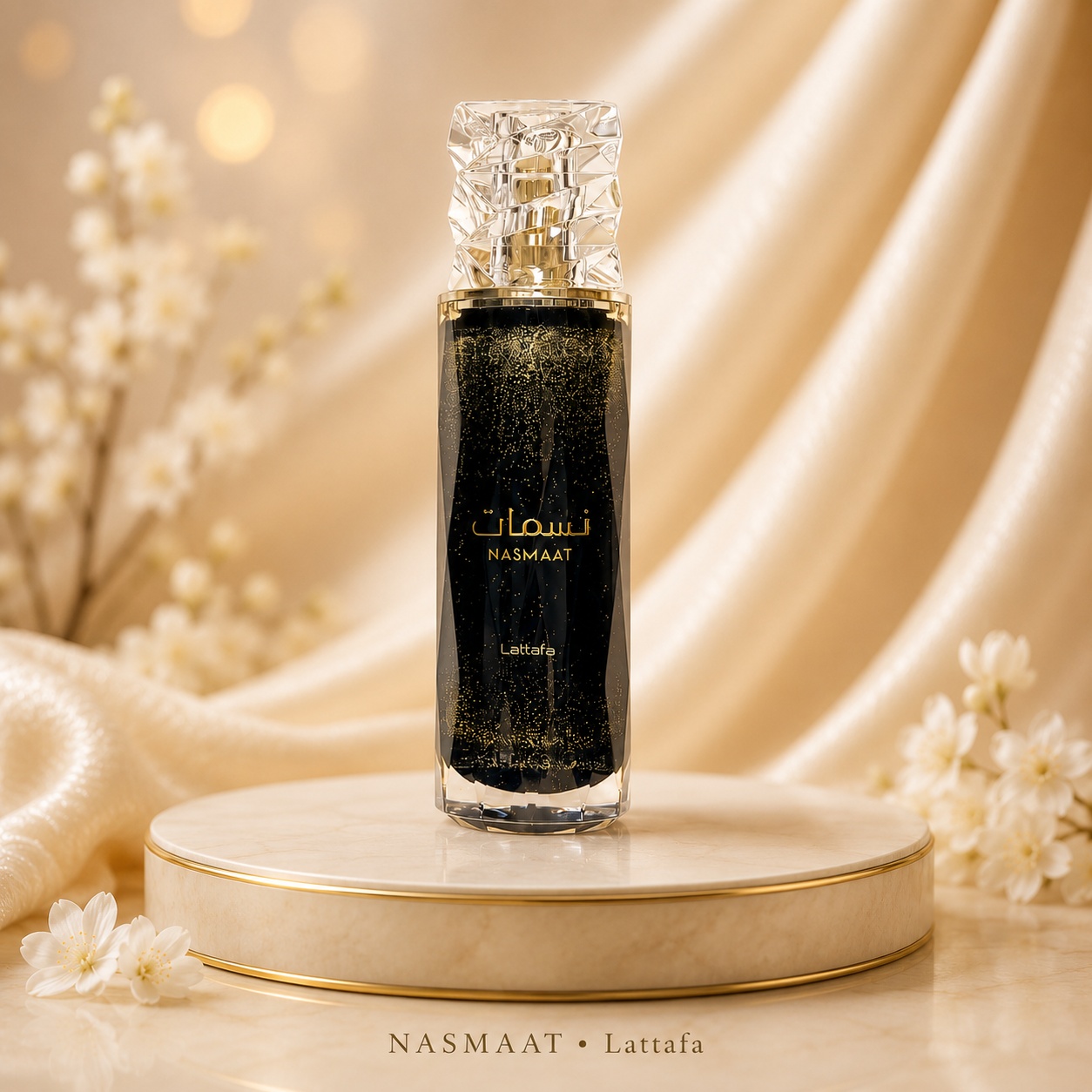 Flacon Lattafa Nasmaat 100 ml parfum unisex negru cu particule aurii și capac transparent sculptat