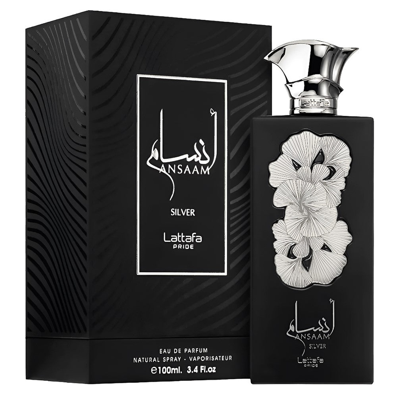 Parfum Lattafa Pride Ansaam Silver 100 ml apă de parfum unisex cu flacon original negru și cutie Lattafa Pride