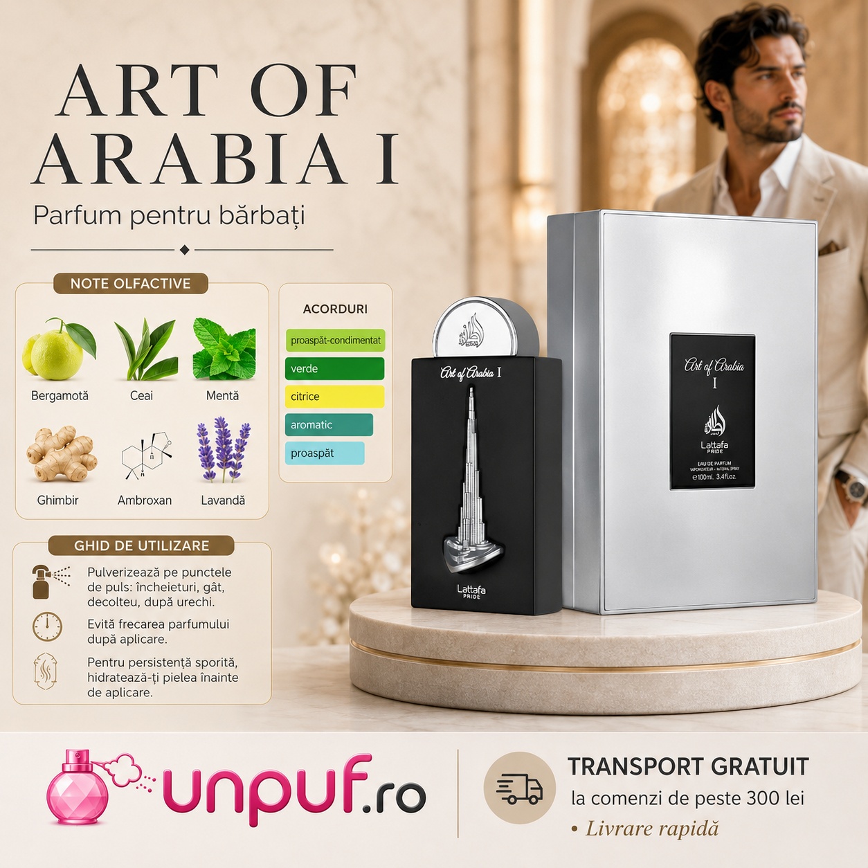 Lattafa Pride Art Of Arabia I parfum fresh aromatic pentru bărbați cu bergamotă, ceai, mentă, ghimbir, ambroxan și lavandă