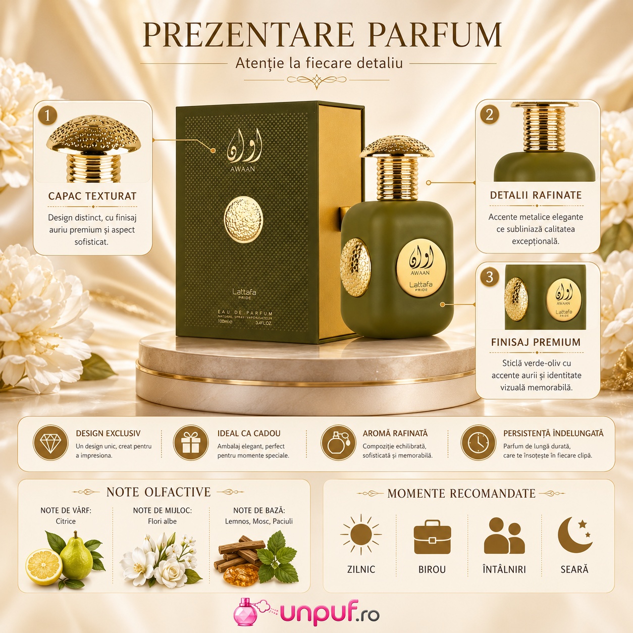Prezentare parfum Lattafa Pride Awaan Gold cu detalii despre capac texturat, sticlă verde olive, finisaj premium, note olfactive și momente recomandate