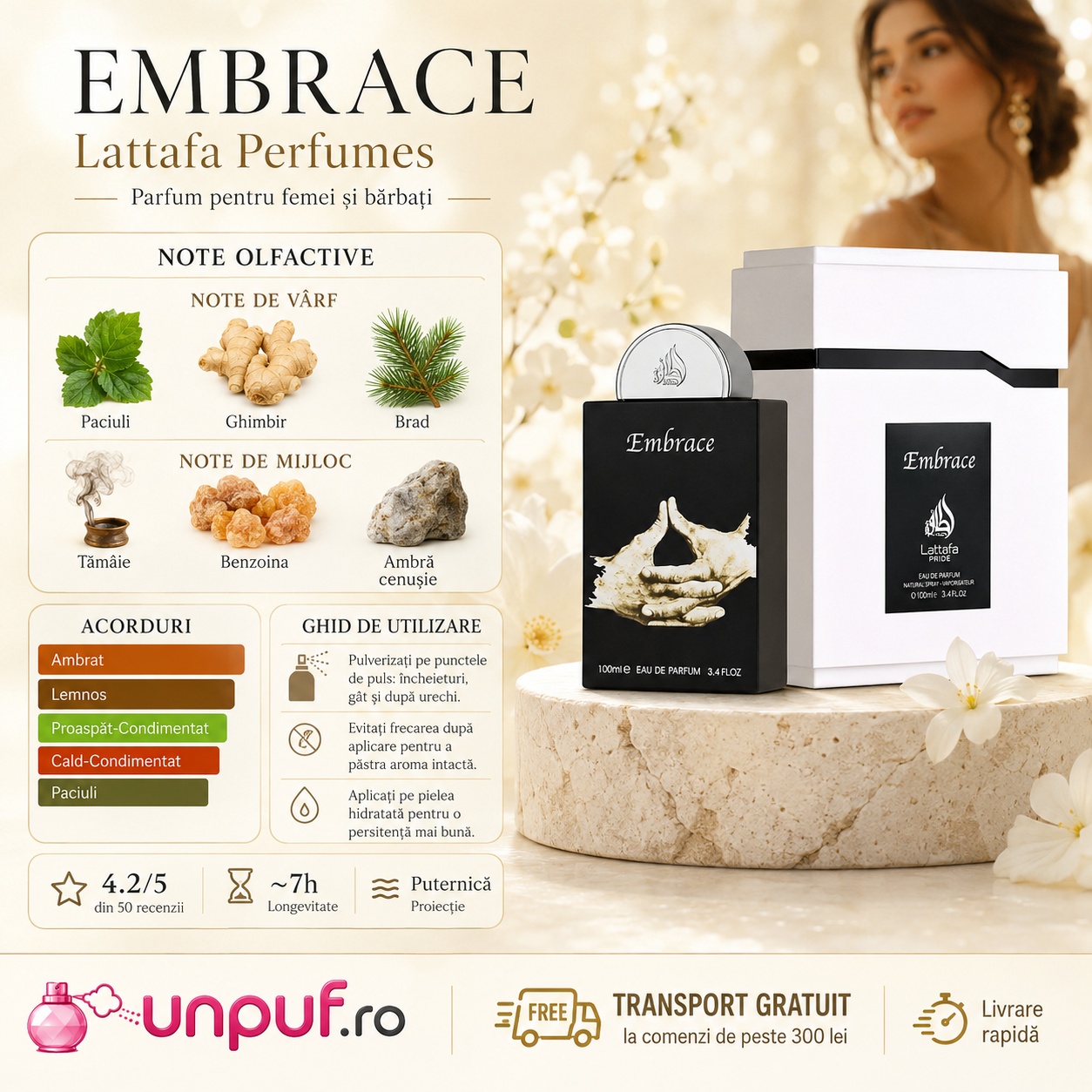 Lattafa Pride Embrace parfum unisex cu note de patchouli, ghimbir, brad, tăm&acirc;ie, benzoin, chihlimbar și acorduri ambrate lemnoase