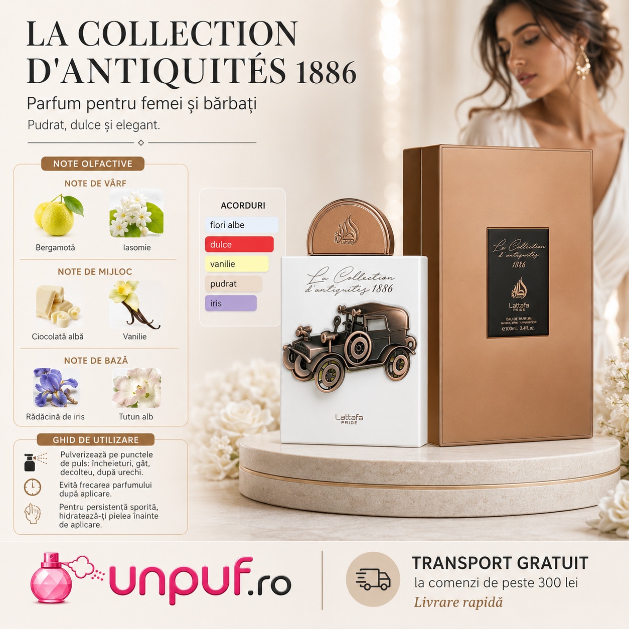 Lattafa Pride La Collection Car 1886 parfum unisex cu note de bergamotă, iasomie, ciocolată albă, vanilie, rădăcină de iris și tutun alb