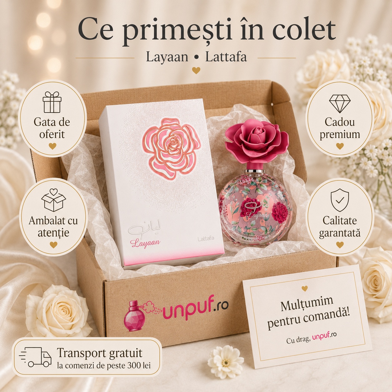 Lattafa Pride Layaan parfum de damă cu note de pară verde, mandarină, lăcrămioare, iasomie, gardenie, cedru și mosc