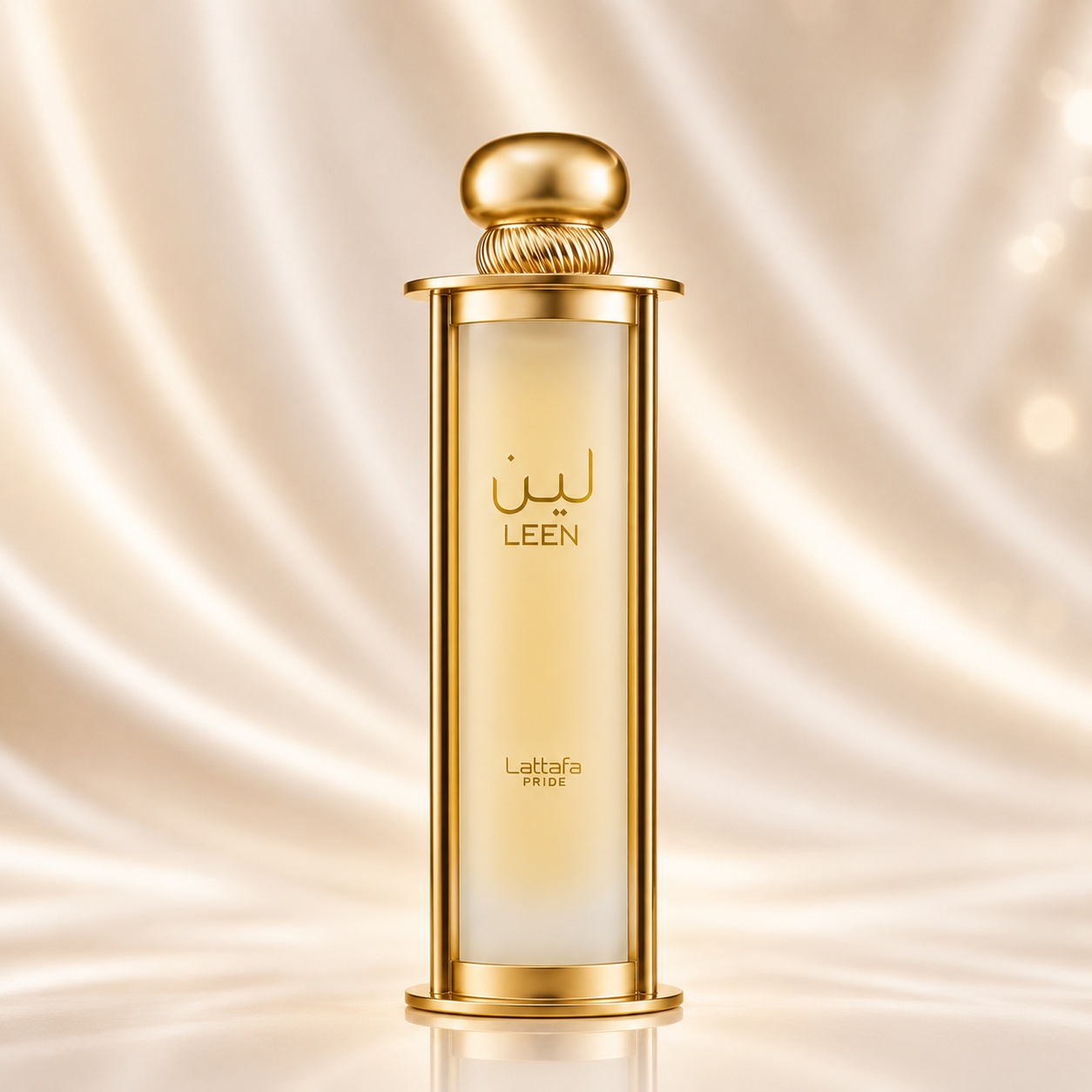 Flacon Lattafa Pride Leen 100 ml parfum unisex auriu cu sticlă translucidă și capac elegant