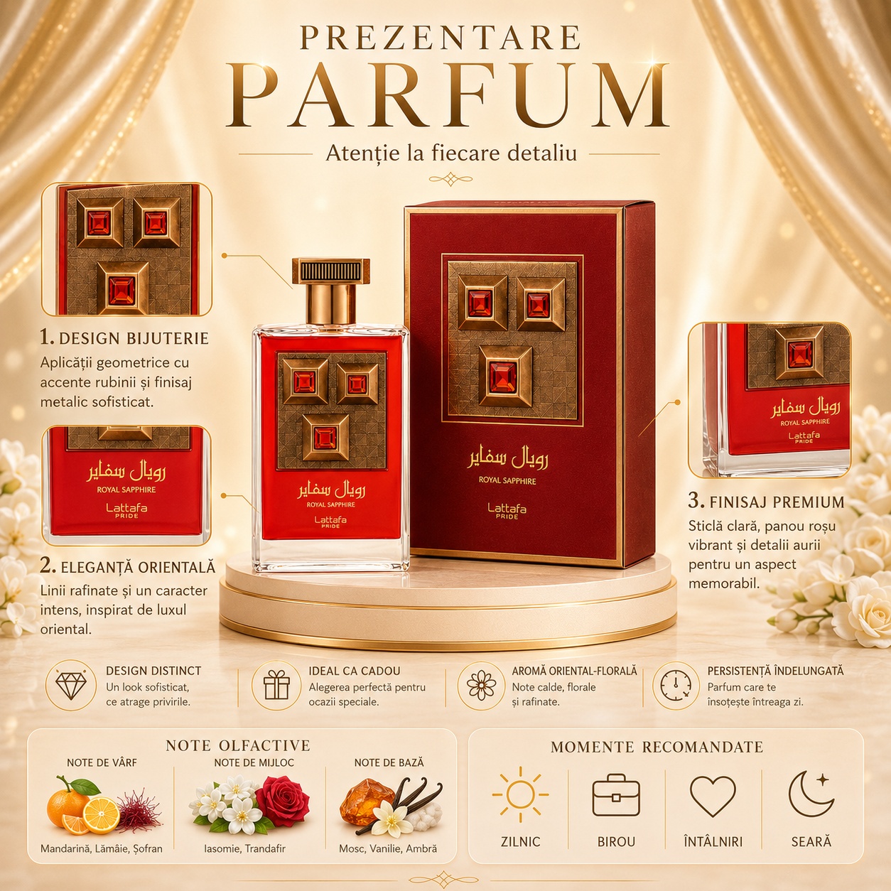 Prezentare parfum Lattafa Pride Royal Saphire cu note olfactive mandarină lăm&acirc;ie șofran iasomie trandafir mosc vanilie și ambră