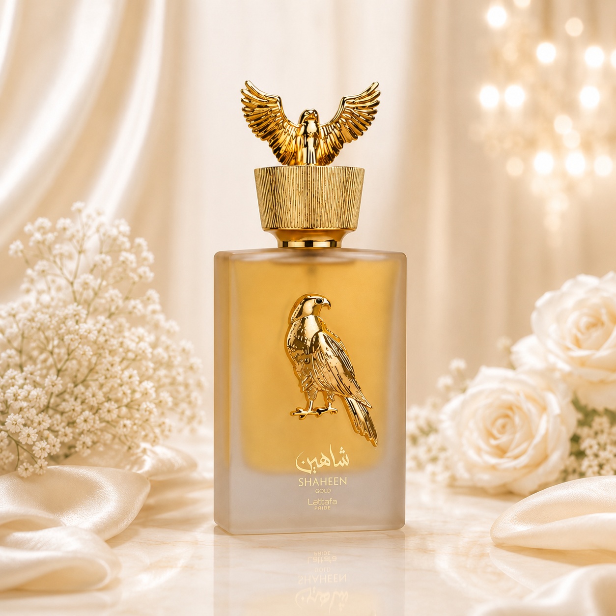 Flacon Lattafa Pride Shaheen Gold 100 ml parfum unisex cu capac auriu &icirc;n formă de șoim și design elegant