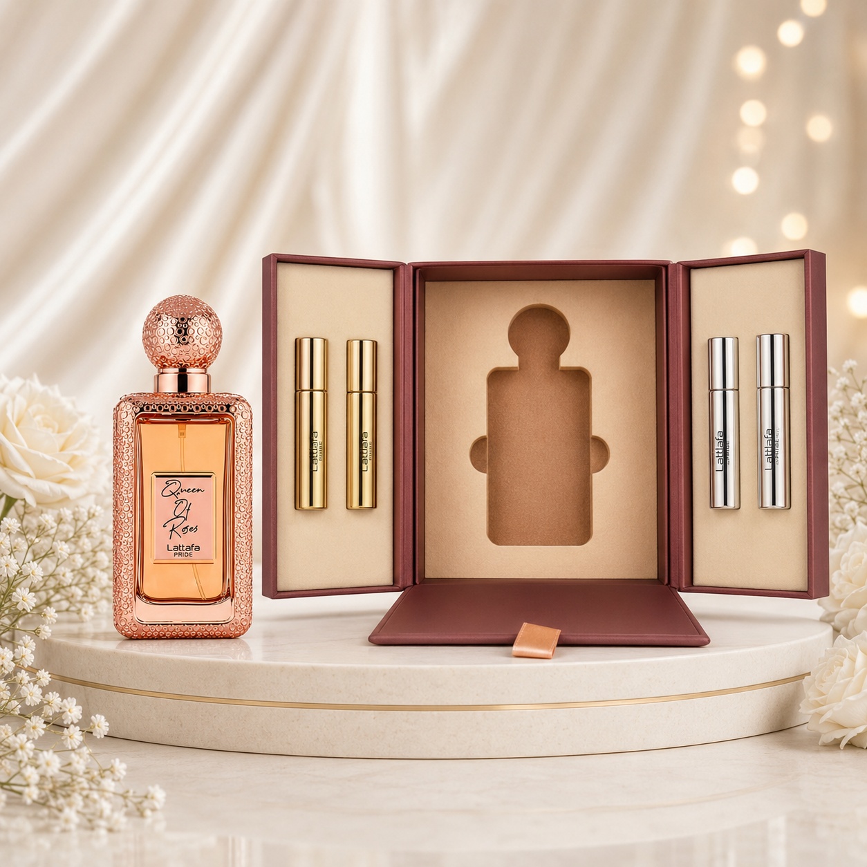 Parfum Arăbesc Lattafa Queen Of Roses 100 ml pentru damă cu flacon rose gold, set premium și cutie elegantă Lattafa Pride