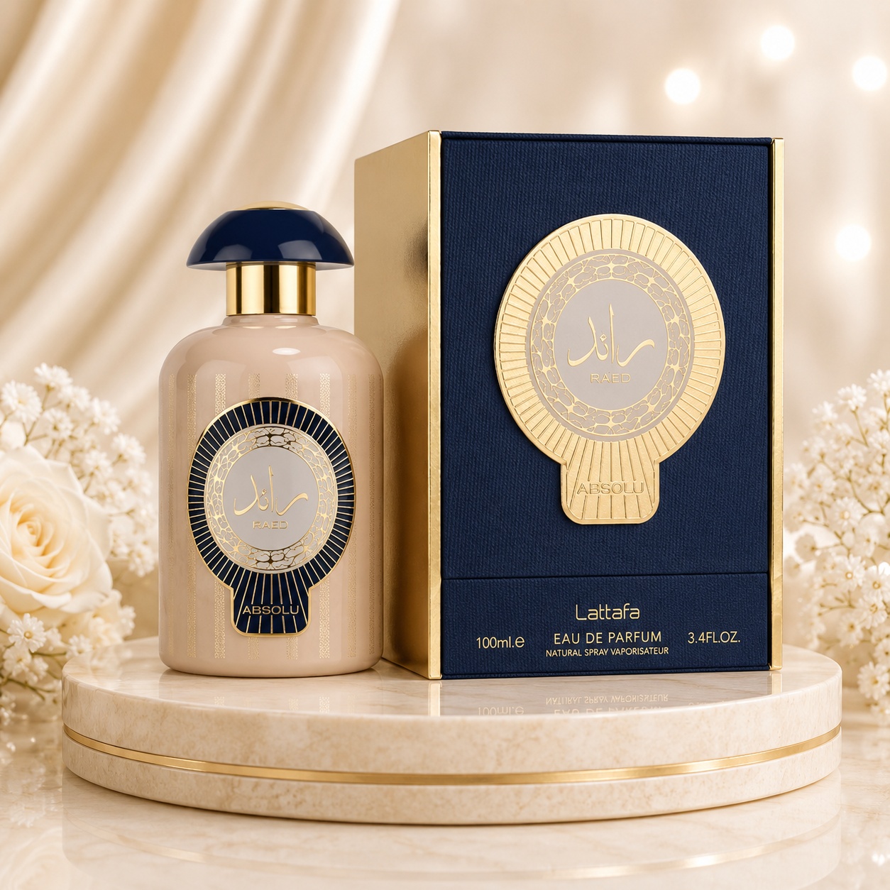 Parfum Arăbesc Lattafa Raed Absolu 100 ml pentru bărbat cu flacon crem, capac bleumarin și cutie bleumarin aurie premium