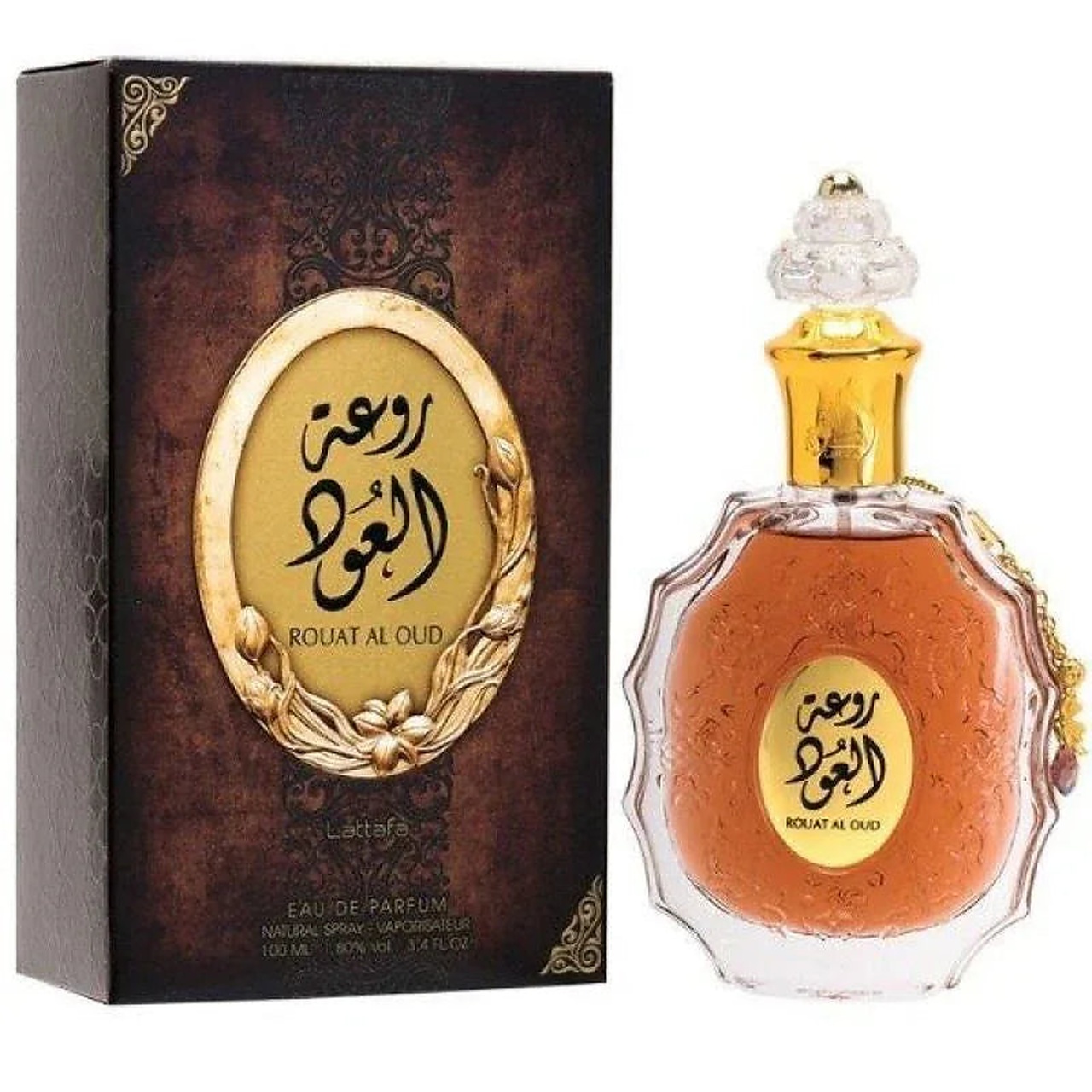 Parfum Lattafa Rouat Al Oud 100 ml apă de parfum unisex cu flacon original și cutie maro aurie Lattafa
