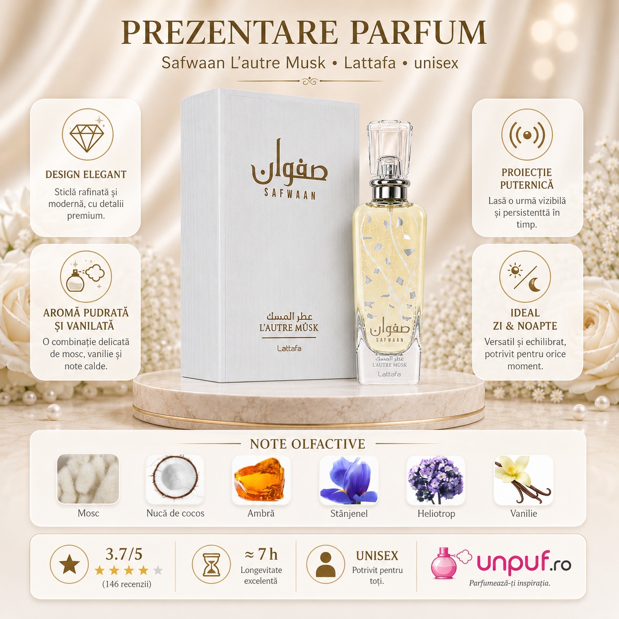 Prezentare parfum Lattafa Safwaan L&rsquo;Autre Musk unisex cu design elegant, aromă pudrată și vanilată, proiecție puternică și note de mosc, cocos, ambră, st&acirc;njenel, heliotrop și vanilie