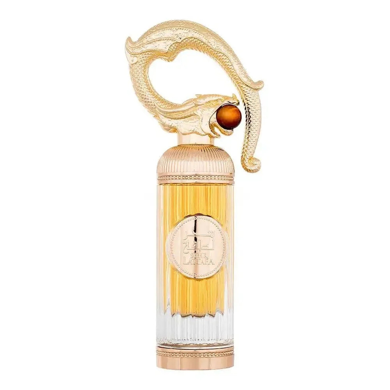 Flacon original Lattafa Sehr 100 ml apă de parfum unisex cu lichid auriu, capac ornamental și detalii aurii