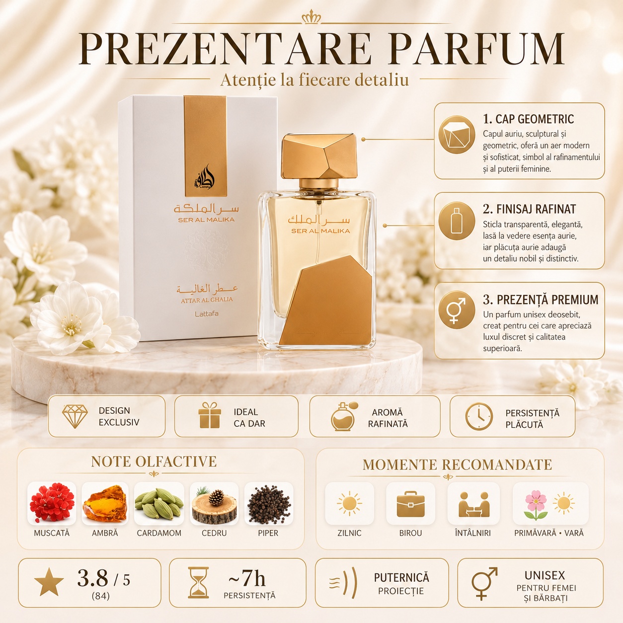 Prezentare parfum Lattafa Ser Al Malika cu design exclusiv, capac geometric, note de mușcată, ambră, cardamom, cedru și piper