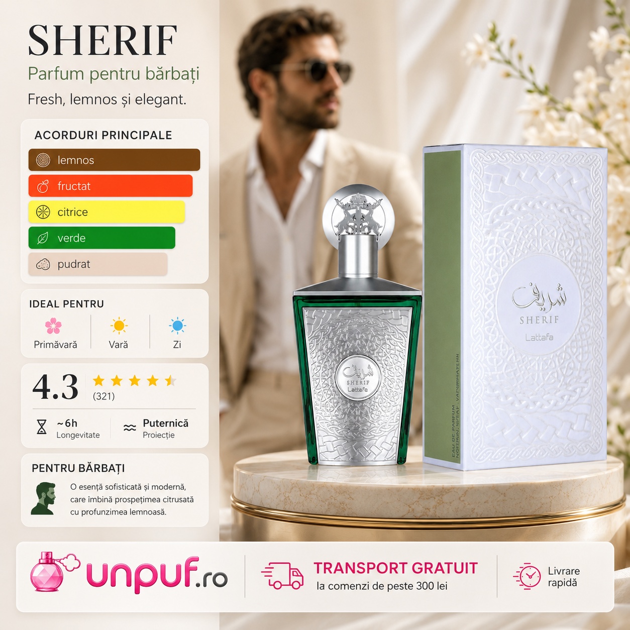Lattafa Sherif parfum bărbătesc fresh, lemnos și elegant, ideal pentru primăvară, vară și purtare de zi