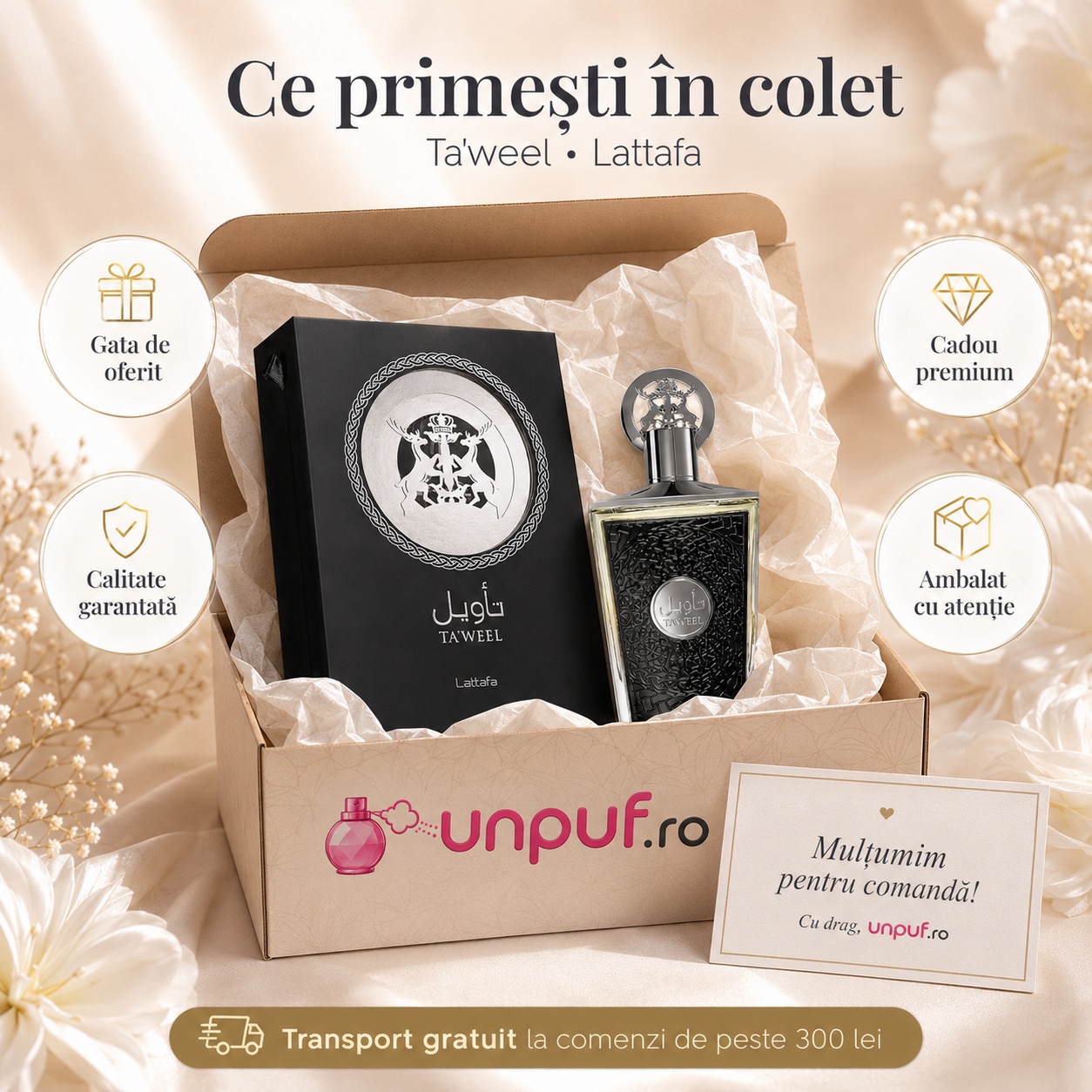 Ce primești &icirc;n colet Lattafa Taweel 100 ml parfum arăbesc unisex ambalat cu atenție, cadou premium și calitate garantată