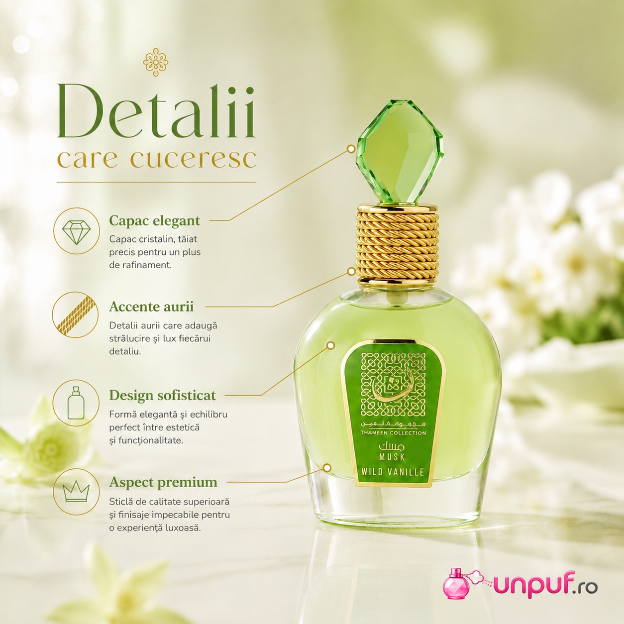 Detalii Lattafa Thameen Wild Vanille capac elegant accente aurii design sofisticat și aspect premium