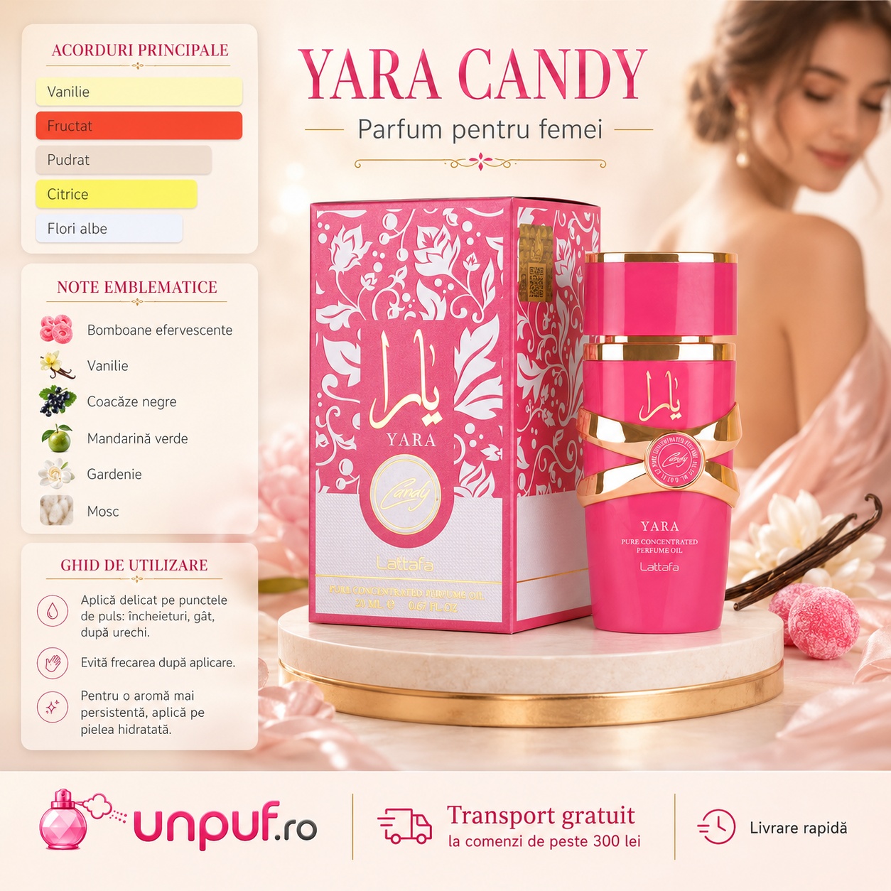Lattafa Yara Candy Concentrated Oil parfum cu acorduri de vanilie, fructat, pudrat, citrice și flori albe, note de bomboane efervescente, coacăze negre, mandarină verde, gardenie și mosc