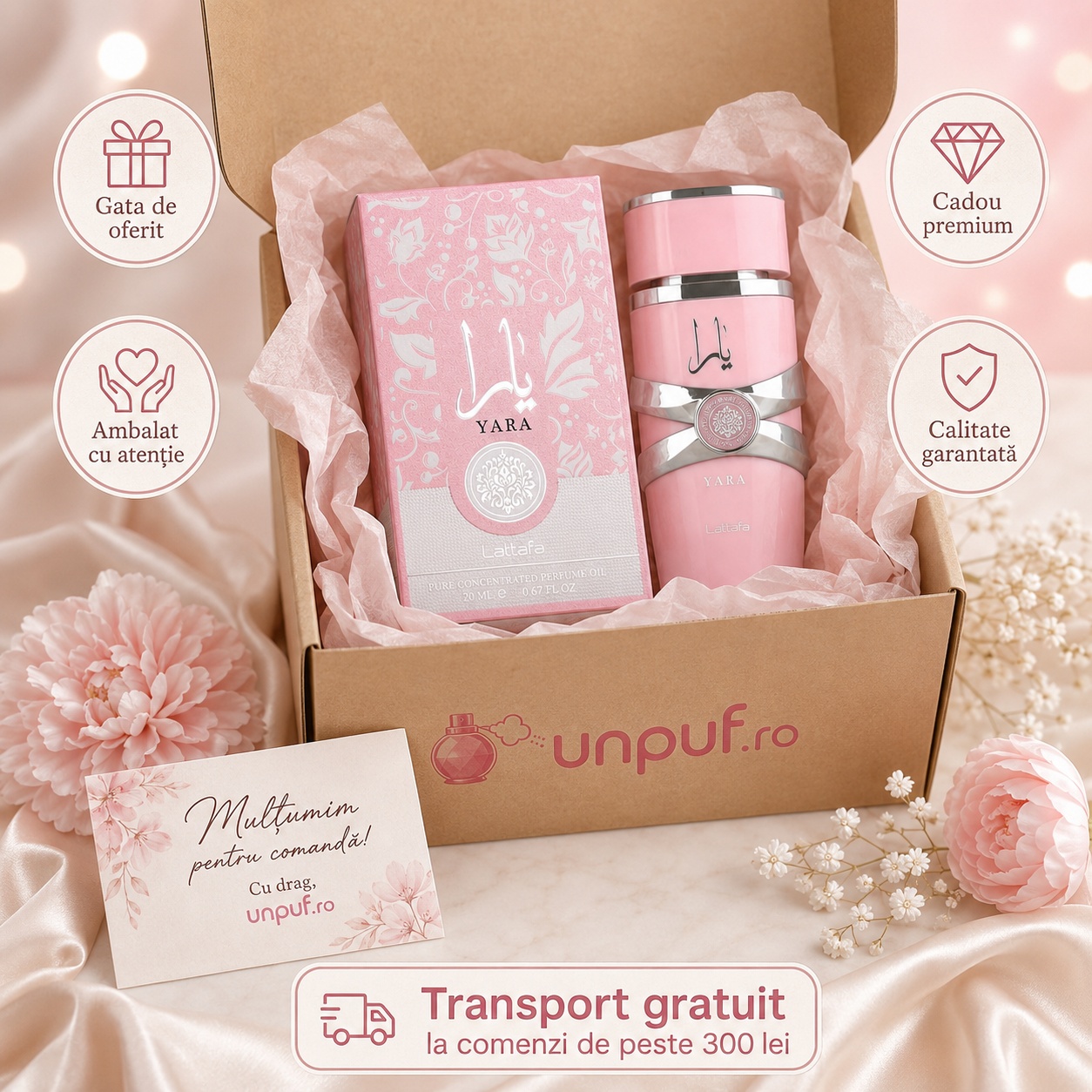 Ce primești &icirc;n colet Lattafa Yara Concentrated Oil 20 ml parfum arăbesc de damă ambalat cu atenție, gata de oferit cadou