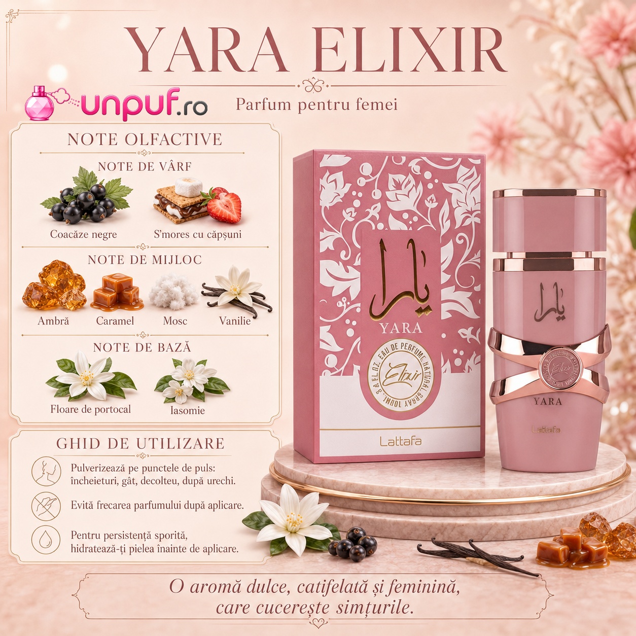 Note olfactive Lattafa Yara Elixir parfum dama coacaze negre smores capsuni ambra caramel mosc vanilie floare de portocal iasomie