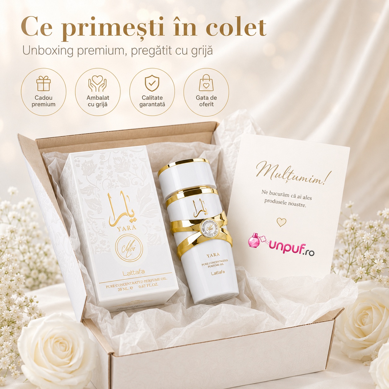 Ce primești &icirc;n colet Lattafa Yara Moi Concentrated Oil 20 ml parfum arabesc ambalat cu grijă, cadou premium, calitate garantată și gata de oferit