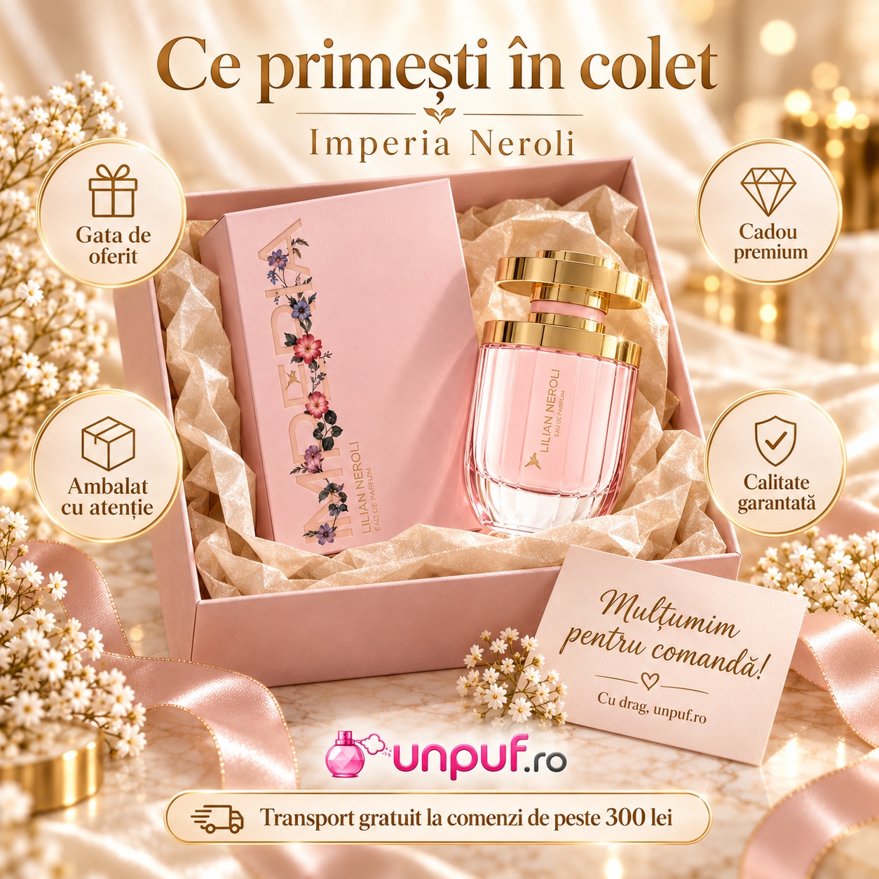 Ce primești în colet la parfumul Imperia Pink 100 ml, ambalaj atent, cadou premium și calitate garantată