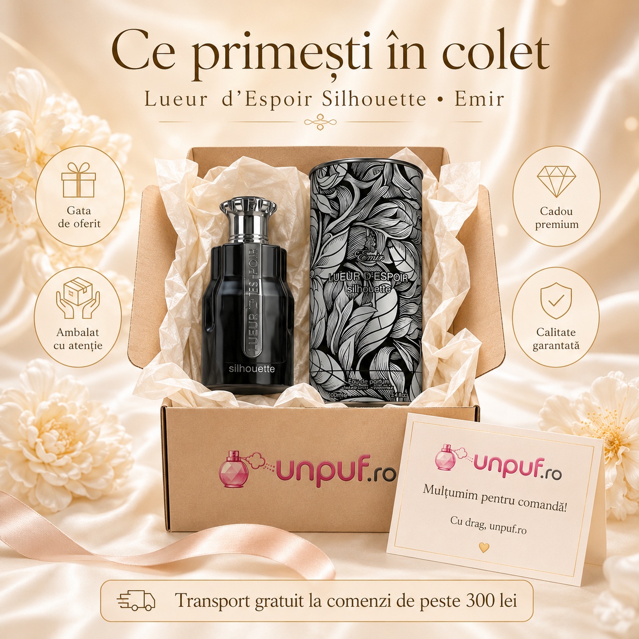 Ce primești &icirc;n colet Parfum Lueur D'Espoir Silhouette Emir 100 ml ambalat cu atenție