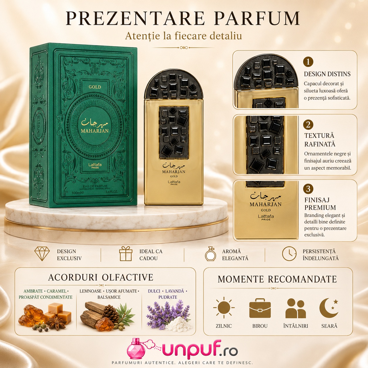 Prezentare parfum Maharjan Gold Lattafa Pride cu design exclusiv, textură rafinată, finisaj premium și acorduri olfactive